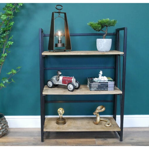 Industrial Black Metal And Solid Mango Wood 3 Tier Small Open Shelving Unit 98cm