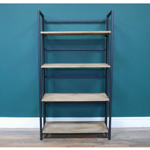 Industrial Black Metal And Solid Mango Wood 4 Tier Open Shelving Unit 128cm