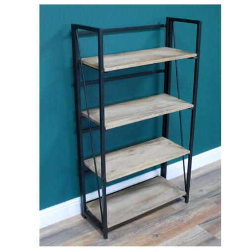 Industrial Black Metal And Solid Mango Wood 4 Tier Open Shelving Unit 128cm