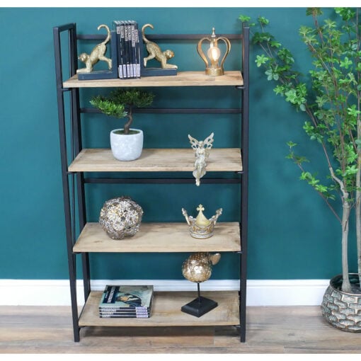 Industrial Black Metal And Solid Mango Wood 4 Tier Open Shelving Unit 128cm