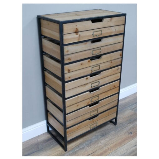 Industrial Black Metal And Solid Wood 7 Crate Drawer Tall Cabinet 105cm
