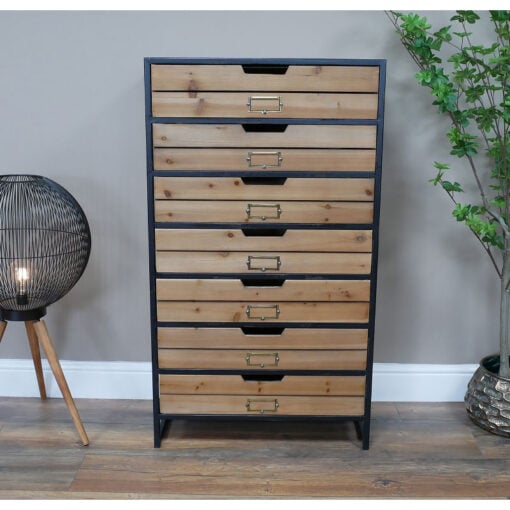 Industrial Black Metal And Solid Wood 7 Crate Drawer Tall Cabinet 105cm