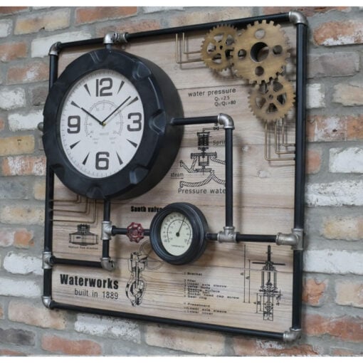 Industrial Black Metal And Wood Large Pipe Wall Clock 79cm