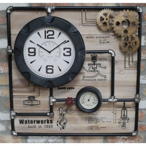Industrial Black Metal And Wood Large Pipe Wall Clock 79cm