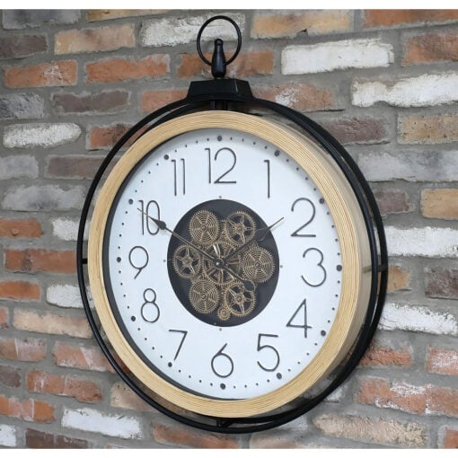 Industrial Black Metal And Wood Large Wall Clock With Visible Moving Gears 87cm