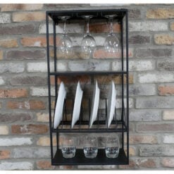 Industrial Black Metal Kitchen Wall Shelving With Glass And Plates Storage 80cm