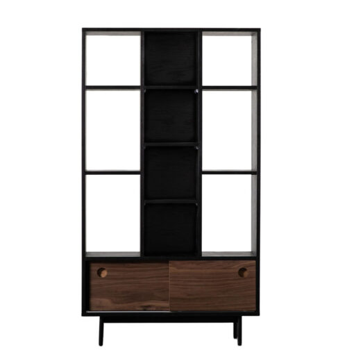 Industrial Black Stained Oak Wood And Walnut Veneer Large 2 Door Shelving Unit Display Cabinet 160cm