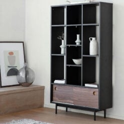 Industrial Black Stained Oak Wood And Walnut Veneer Large 2 Door Shelving Unit Display Cabinet 160cm