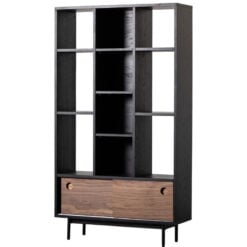 Industrial Black Stained Oak Wood And Walnut Veneer Large 2 Door Shelving Unit Display Cabinet 160cm