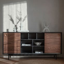 Industrial Black Stained Oak Wood And Walnut Veneer Large 2 Door Sideboard 160cm