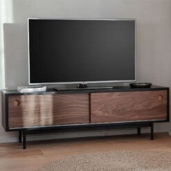 Industrial Black Stained Oak Wood And Walnut Veneer Large 2 Door TV Stand 140cm