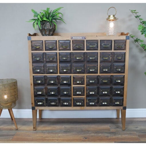Industrial Boho Black Metal And Solid Wood Multi Drawer Apothecary Cabinet Sideboard