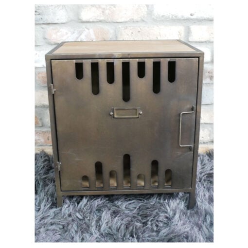 Industrial Bronze Iron Metal And Solid Fir Wood 1 Door Bedside Cabinet Side Table