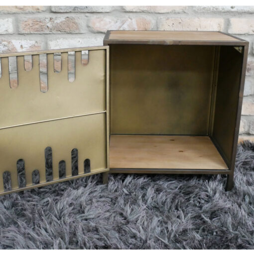 Industrial Bronze Iron Metal And Solid Fir Wood 1 Door Bedside Cabinet Side Table