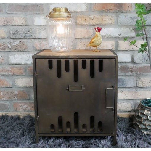 Industrial Bronze Iron Metal And Solid Fir Wood 1 Door Bedside Cabinet Side Table