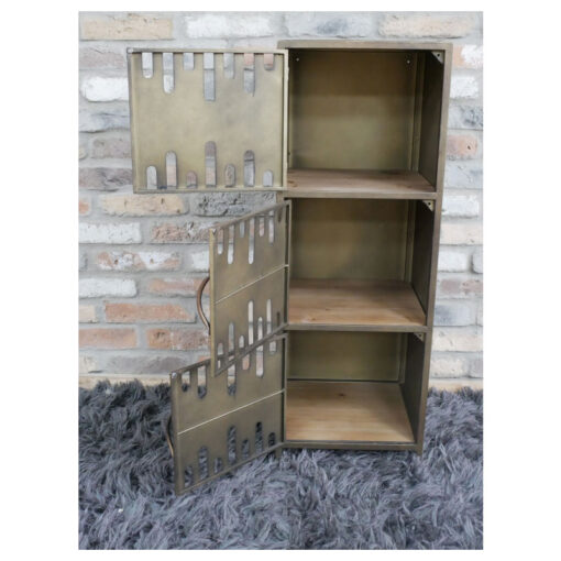 Industrial Bronze Iron Metal And Solid Fir Wood 3 Door Tall Cabinet