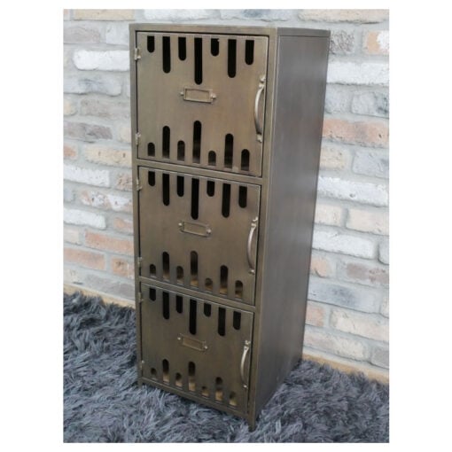 Industrial Bronze Iron Metal And Solid Fir Wood 3 Door Tall Cabinet