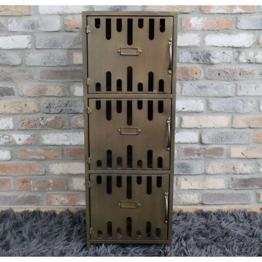 Industrial Bronze Iron Metal And Solid Fir Wood 3 Door Tall Cabinet