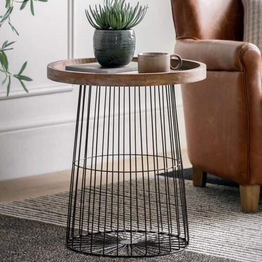 Industrial Cage Grey Gun Metal And Weathered Wood Tray Top Side Table