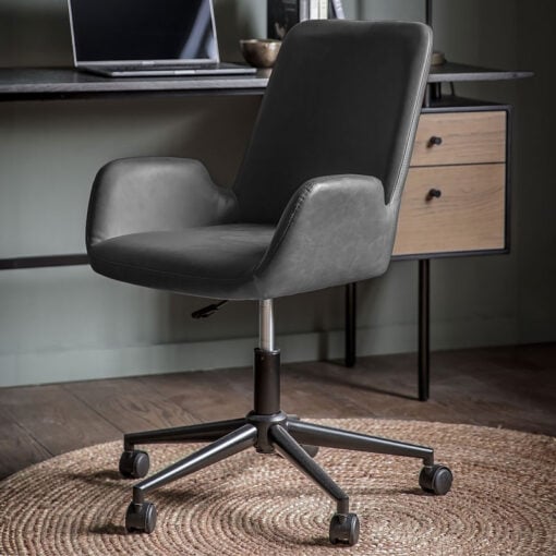 Industrial Charcoal Grey PU Faux Leather And Black Metal Swivel Office Desk Chair