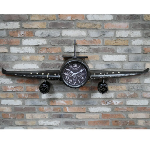 Industrial Distressed Black Metal Large Aeroplane Wall Clock 145cm