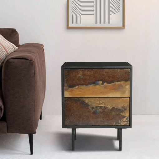 Industrial Galaxy Finish Black And Gold Metal 2 Drawer Bedside Cabinet Table