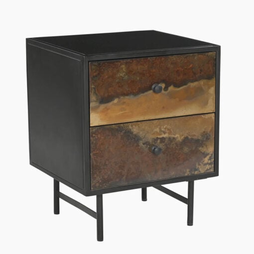 Industrial Galaxy Finish Black And Gold Metal 2 Drawer Bedside Cabinet Table