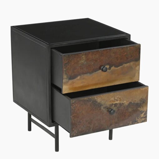 Industrial Galaxy Finish Black And Gold Metal 2 Drawer Bedside Cabinet Table