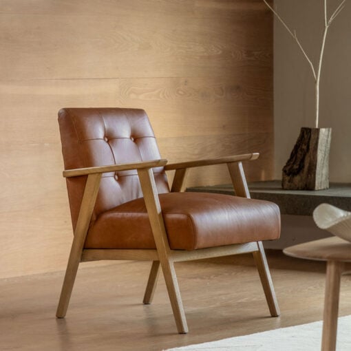 Industrial Genuine Antique Tan Brown Leather And Solid Ash Wood Buttoned Back Armchair