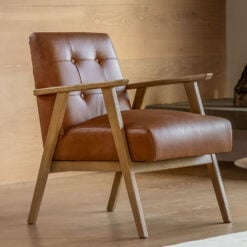 Industrial Genuine Antique Tan Brown Leather And Solid Ash Wood Buttoned Back Armchair