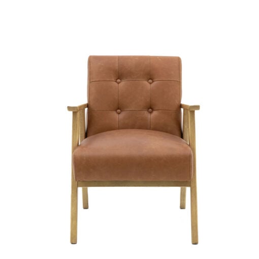 Industrial Genuine Antique Tan Brown Leather And Solid Ash Wood Buttoned Back Armchair