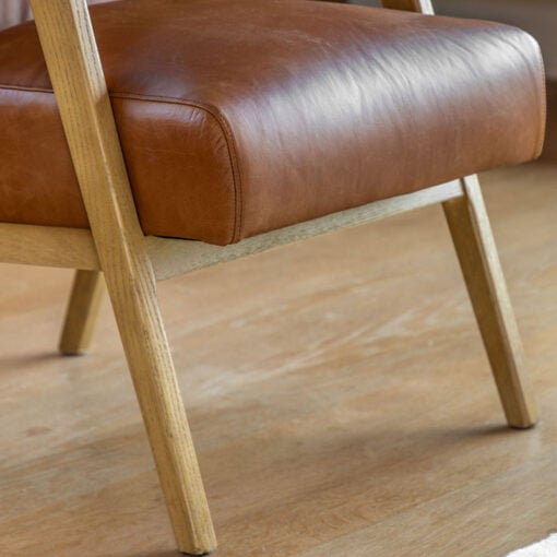 Industrial Genuine Antique Tan Brown Leather And Solid Ash Wood Buttoned Back Armchair
