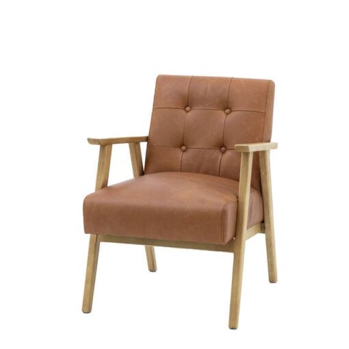 Industrial Genuine Antique Tan Brown Leather And Solid Ash Wood Buttoned Back Armchair