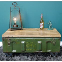 Industrial Green Metal Military Crate And Solid Mango Wood Coffee Table With Wheels 71cm