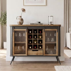 Industrial Grey Metal And Solid Wood 2 Glass Sliding Door Sideboard Cabinet With Wine Storage 120cm