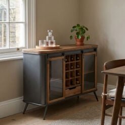 Industrial Grey Metal And Solid Wood 2 Glass Sliding Door Sideboard Cabinet With Wine Storage 120cm Industrial Grey Metal And Solid Wood 2 Glass Sliding Door Sideboard Cabinet With Wine Storage 120cm
