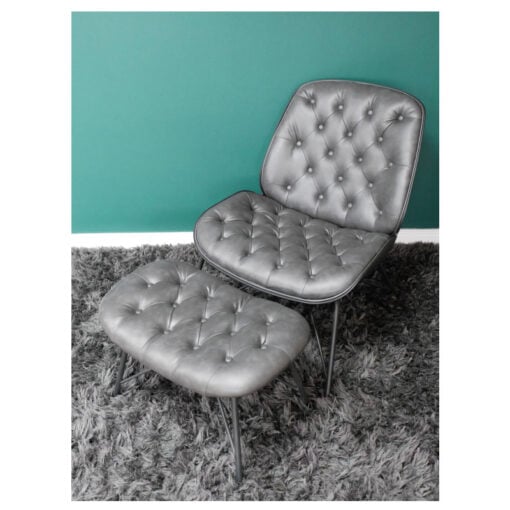 Industrial Grey PU Faux Leather And Metal Lazy Accent Armchair With Footstool