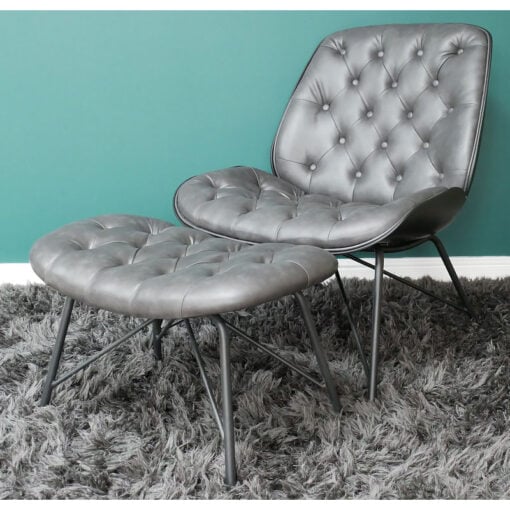 Industrial Grey PU Faux Leather And Metal Lazy Accent Armchair With Footstool