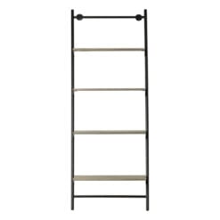 Industrial Light Oak Wood Veneer And Black Metal Ladder Style Open Shelving Display Unit 175cm