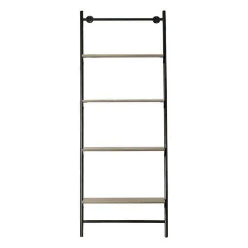 Industrial Light Oak Wood Veneer And Black Metal Ladder Style Open Shelving Display Unit 175cm