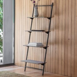 Industrial Light Oak Wood Veneer And Black Metal Ladder Style Open Shelving Display Unit 175cm