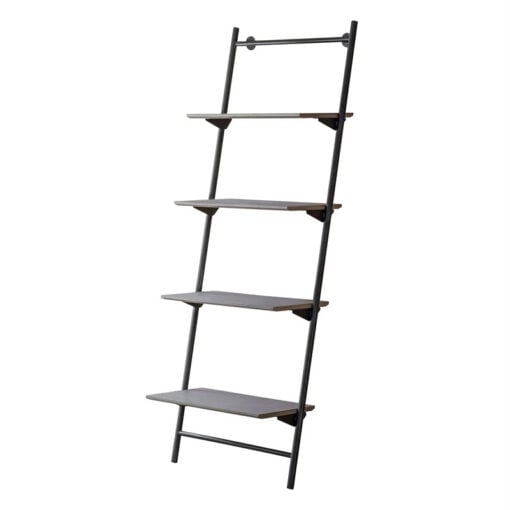 Industrial Light Oak Wood Veneer And Black Metal Ladder Style Open Shelving Display Unit 175cm
