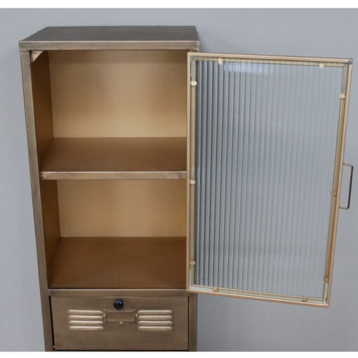 Industrial Locker Style Antique Gold Metal And Glass Tall Cabinet 133cm
