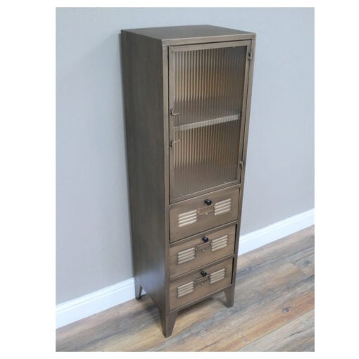Industrial Locker Style Antique Gold Metal And Glass Tall Cabinet 133cm