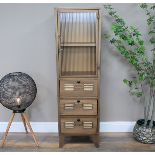Industrial Locker Style Antique Gold Metal And Glass Tall Cabinet 133cm