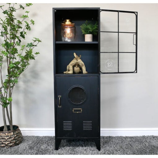 Industrial Locker Style Black Metal And Glass Tall Display Cabinet 139cm