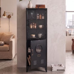 Industrial Locker Style Black Metal And Glass Tall Display Cabinet 139cm