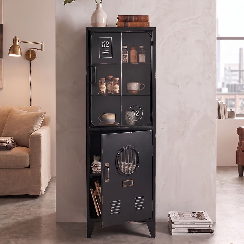 Industrial Locker Style Black Metal And Glass Tall Display Cabinet 139cm Industrial Locker Style Black Metal And Glass Tall Display Cabinet 139cm