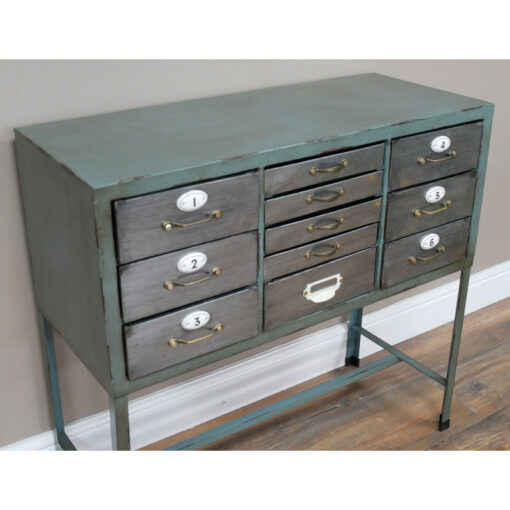 Industrial Multi Drawer Apothecary Distressed Duck Egg Green And Steel Grey Metal Small Sideboard Cabinet 82cm