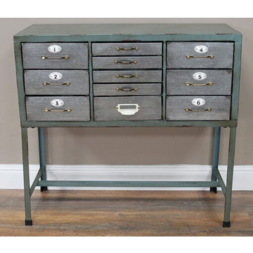 Industrial Multi Drawer Apothecary Distressed Duck Egg Green And Steel Grey Metal Small Sideboard Cabinet 82cm